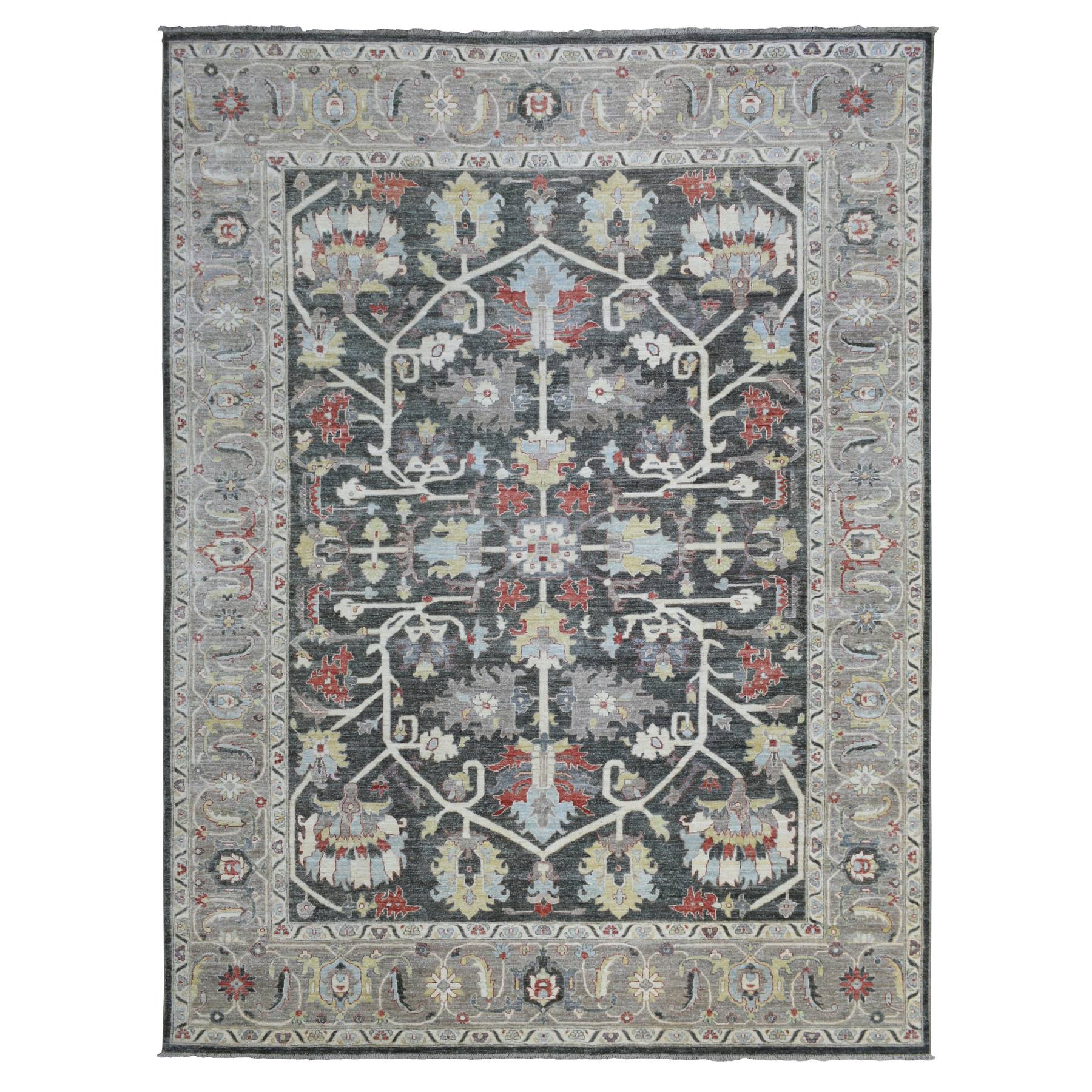 9'3"x11'9" Charcoal Black Afghan Peshawar with Heriz Design Extra Soft Wool Hand Knotted Oriental Rug 